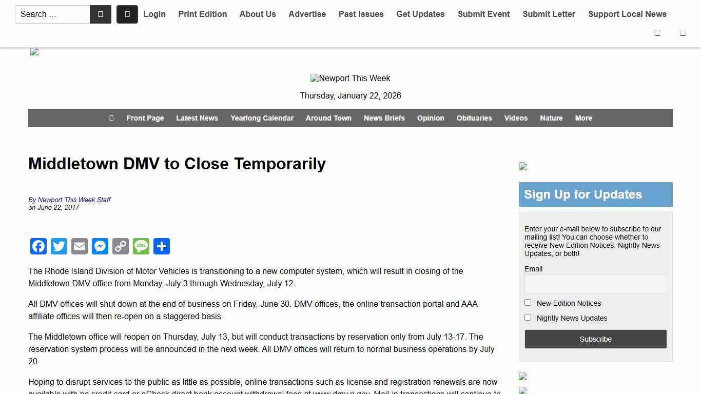 Middletown DMV to Close Temporarily - Newport This Week
